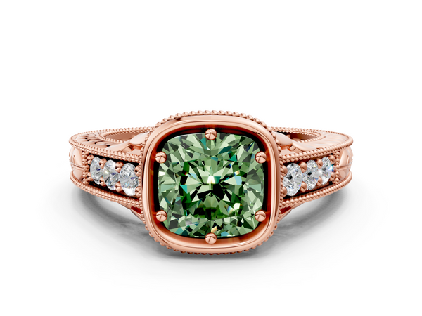 Rose gold Bezel Set Fancy Green Cushion  Diamond Milgrain Pave Engagement Ring