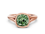 Rose gold Bezel Set Fancy Green Cushion  Solitaire Diamond Ring with Smooth Band