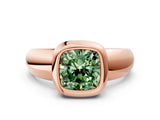 Rose gold Bezel Set Fancy Green Cushion  Solitaire Ring with Wide Band