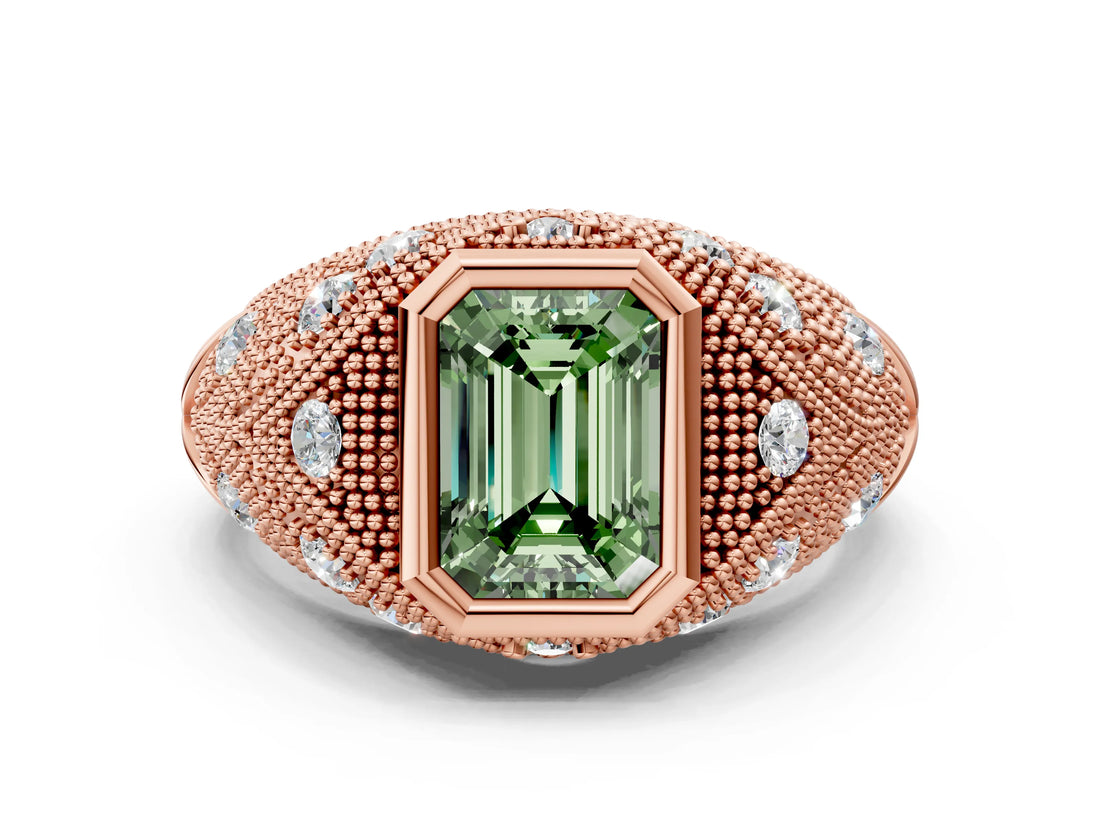 Rose gold Bezel Set Fancy Green Emerald Cut Diamond Milgrain Band Ring