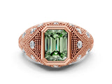 Rose gold Bezel Set Fancy Green Emerald Cut Diamond Milgrain Band Ring