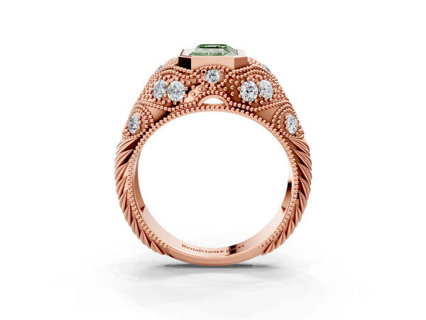 Rose Gold Emerald Cut Vintage Bezel Engagement Ring Setting for Fancy Green Center with Milgrain