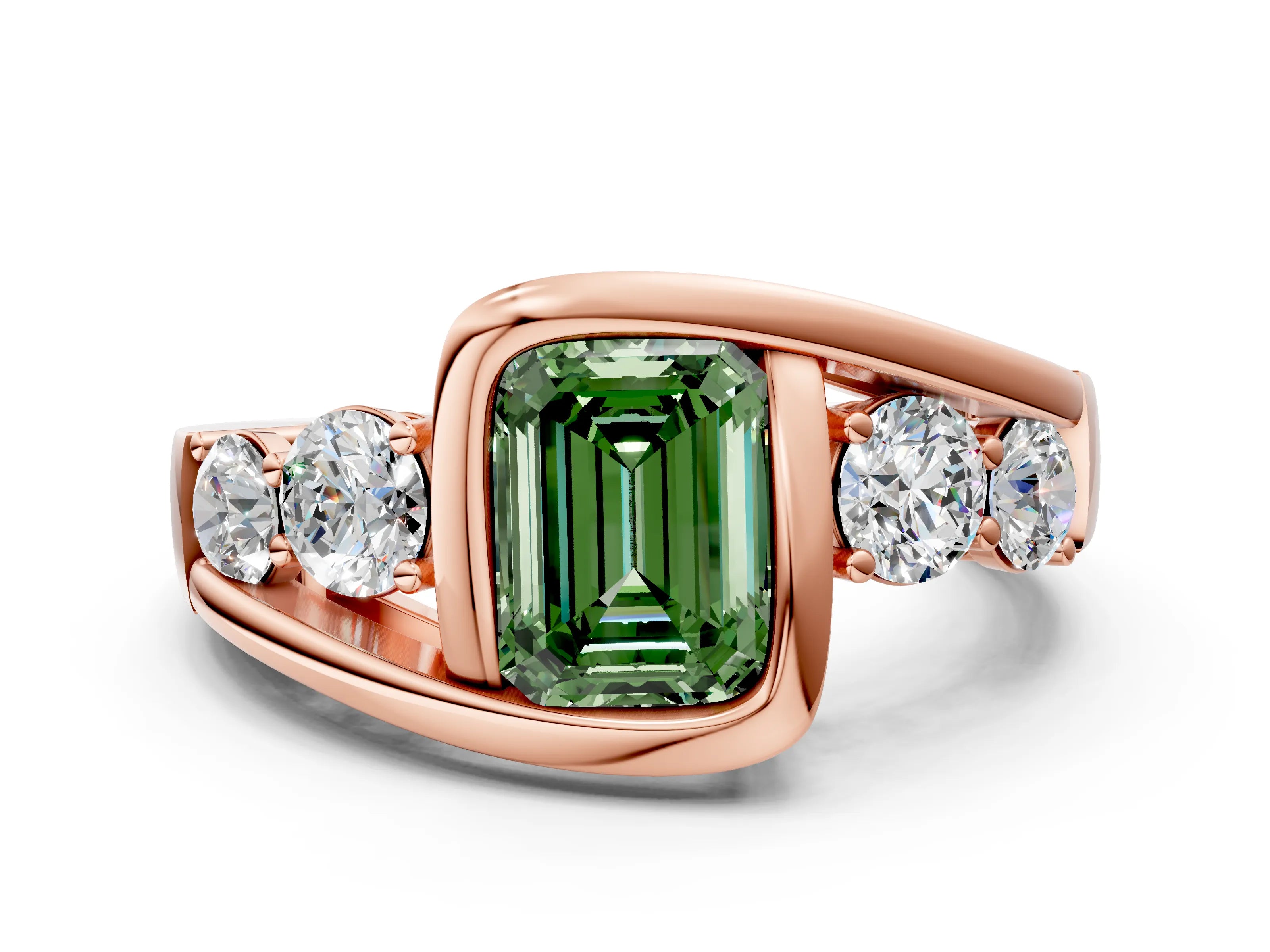 Rose gold Bezel Set Fancy Green Emerald Cut Diamond Split Shank Ring