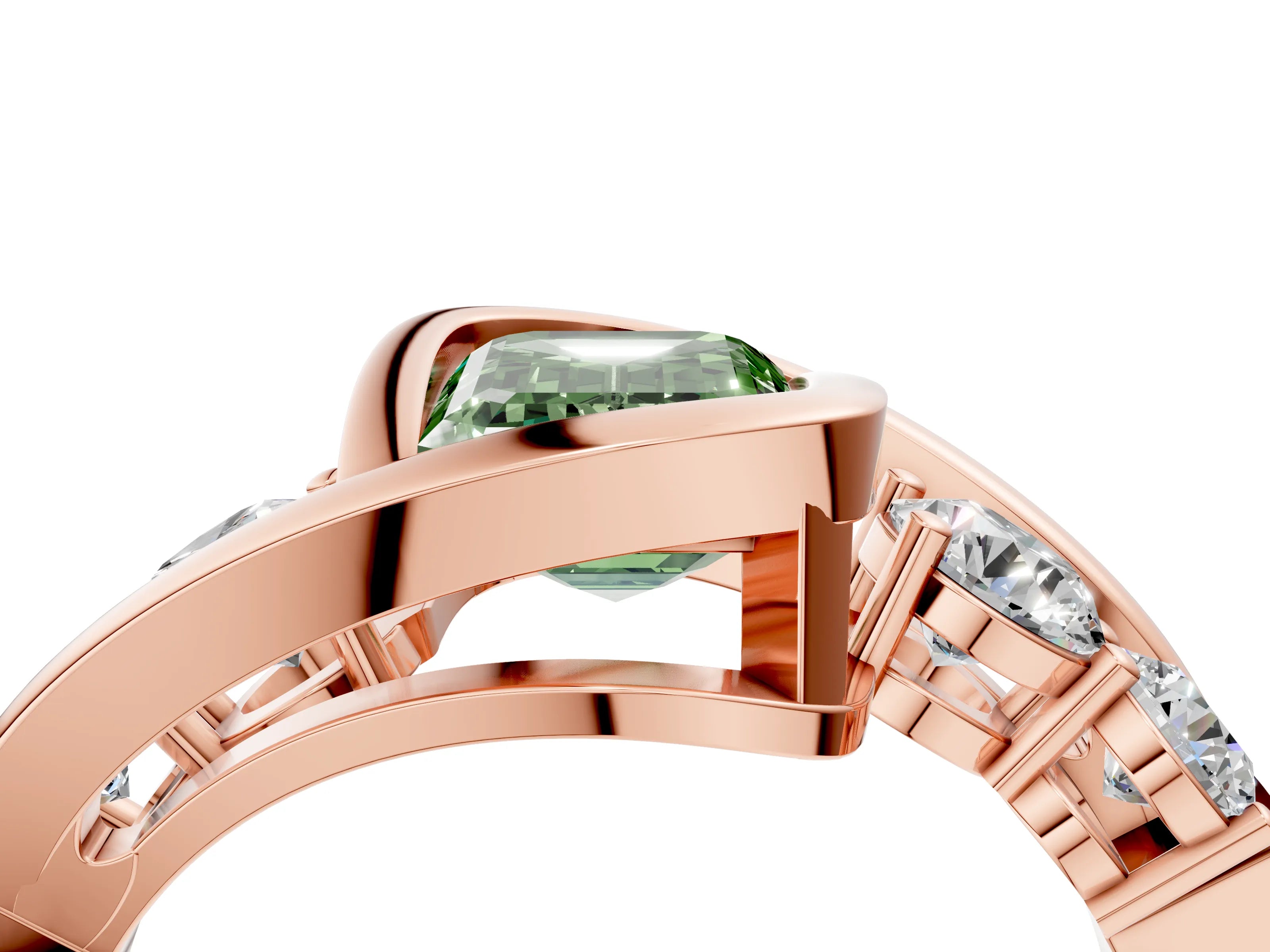 Rose gold Bezel Set Fancy Green Emerald Cut Diamond Split Shank Ring_4
