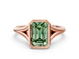 Rose gold Bezel Set Fancy Green Emerald  Cut Solitaire Ring with Tapered Band 1