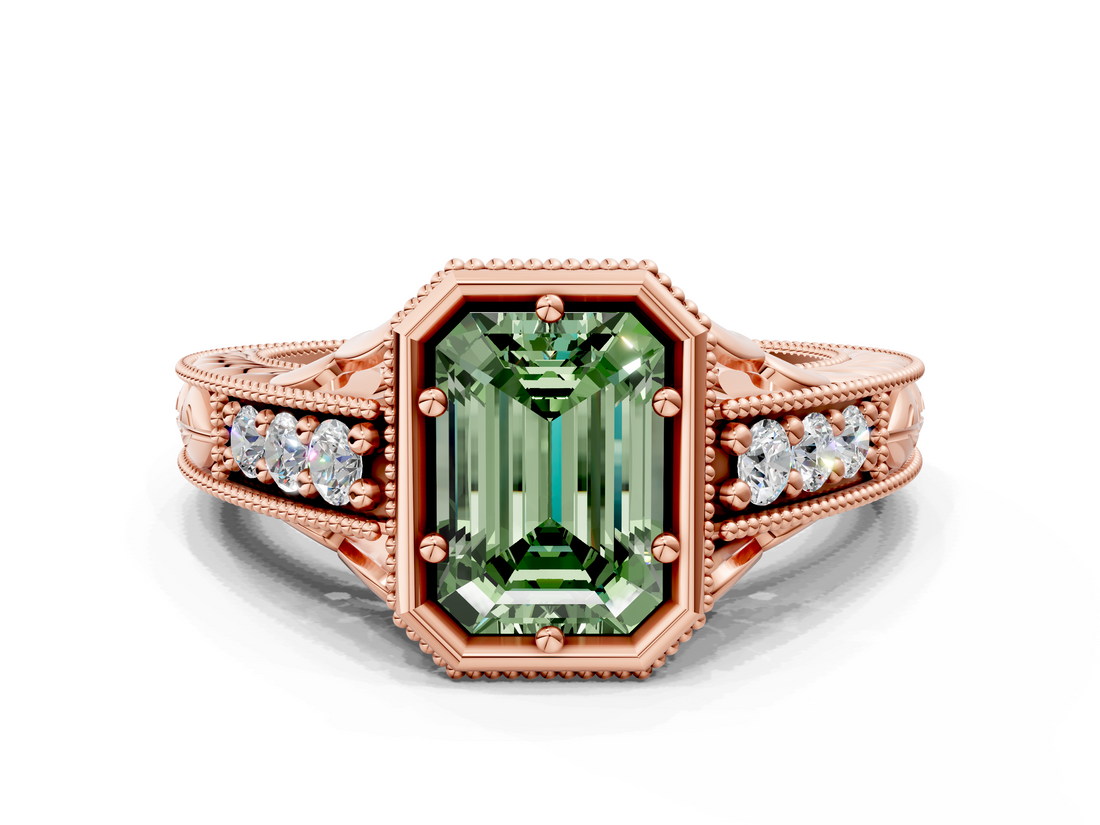 Rose gold Bezel Set Fancy Green Emerald  Diamond Milgrain Pave Engagement Ring_32