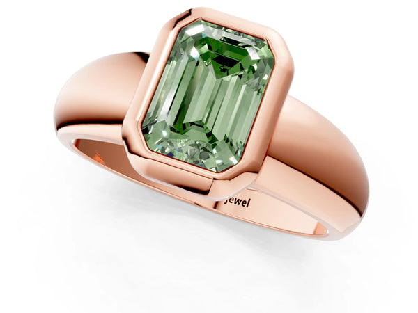 Rose gold Bezel Set Fancy Green Emerald  Solitaire Ring with Wide Band