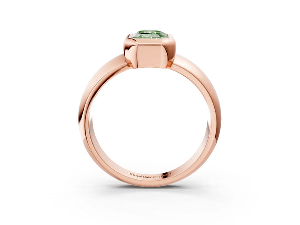 Rose gold Bezel Set Fancy Green Emerald  Solitaire Ring with Wide Band