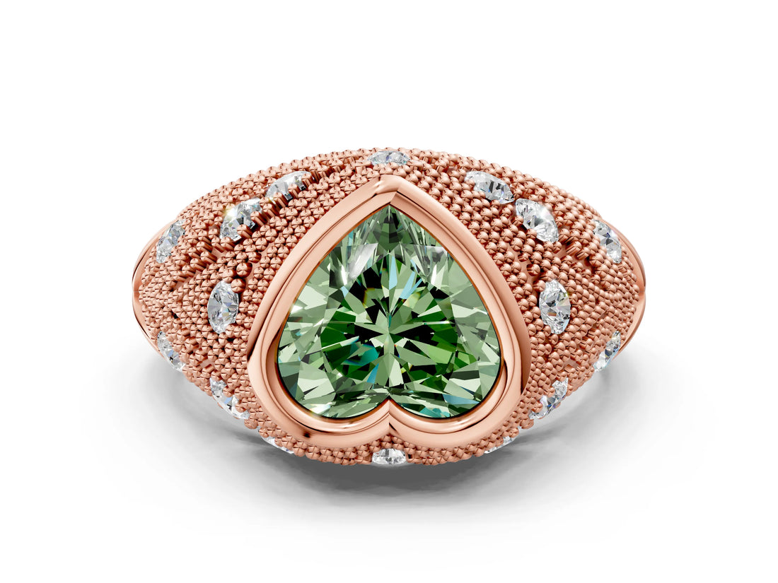 Rose gold Bezel Set Fancy Green Heart Cut Diamond Milgrain Band Ring