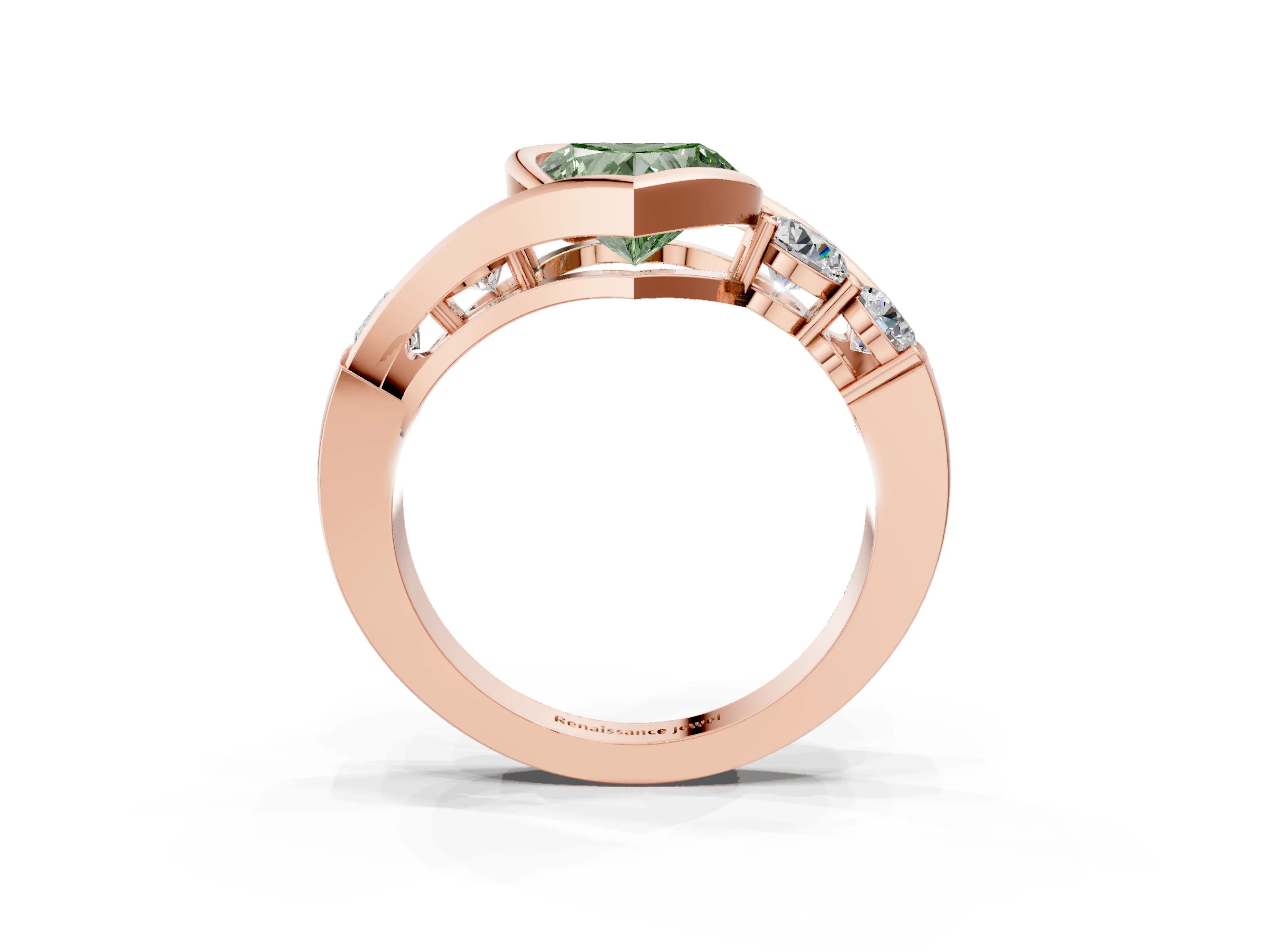 Rose gold Bezel Set Fancy Green Heart Cut Diamond Split Shank Ring_3