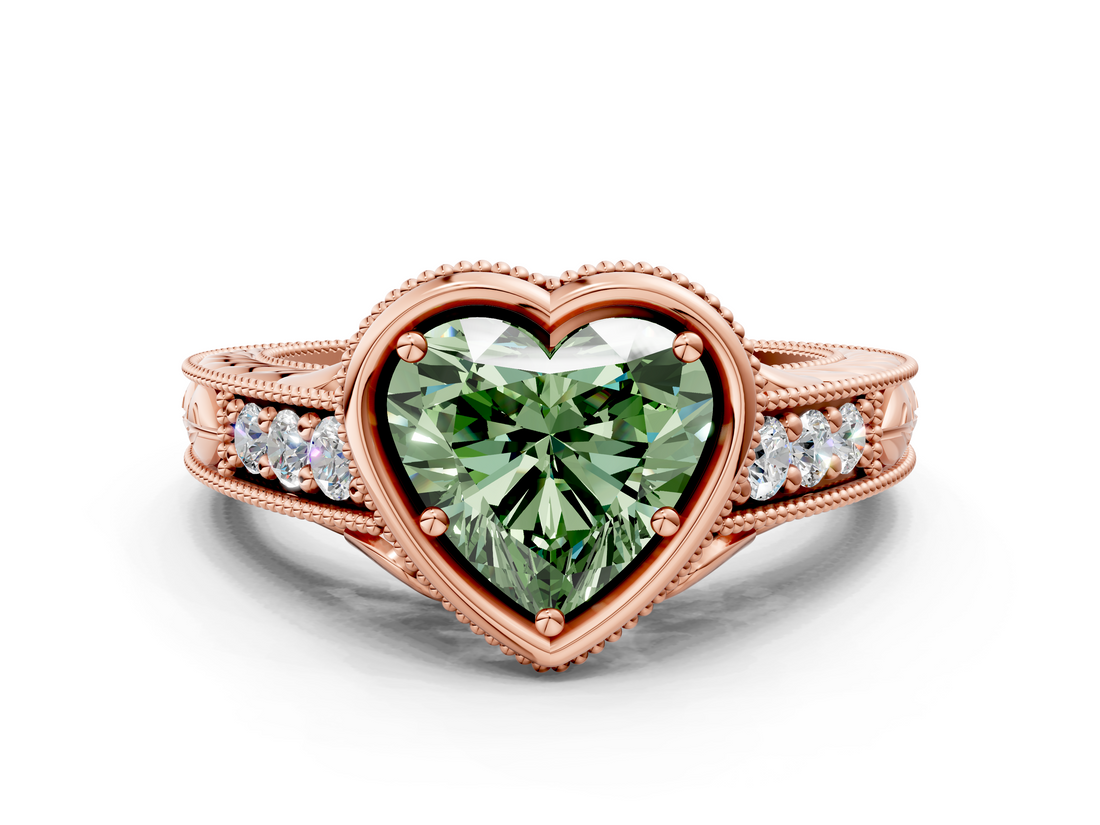 Rose gold Bezel Set Fancy Green Heart  Diamond Milgrain Pave Engagement Ring