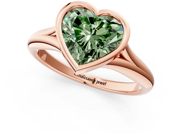Rose gold Bezel Set Fancy Green Heart  Solitaire Diamond Ring with Smooth Band