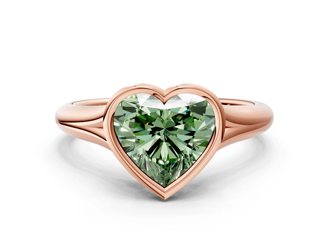 Rose gold Bezel Set Fancy Green Heart  Solitaire Diamond Ring with Smooth Band
