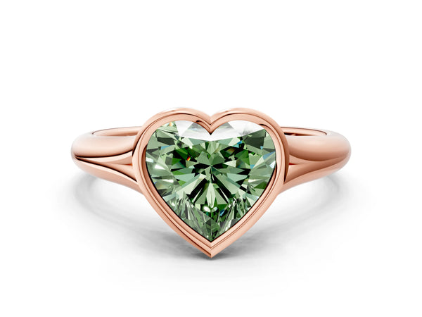 Rose gold Bezel Set Fancy Green Heart  Solitaire Diamond Ring with Smooth Band