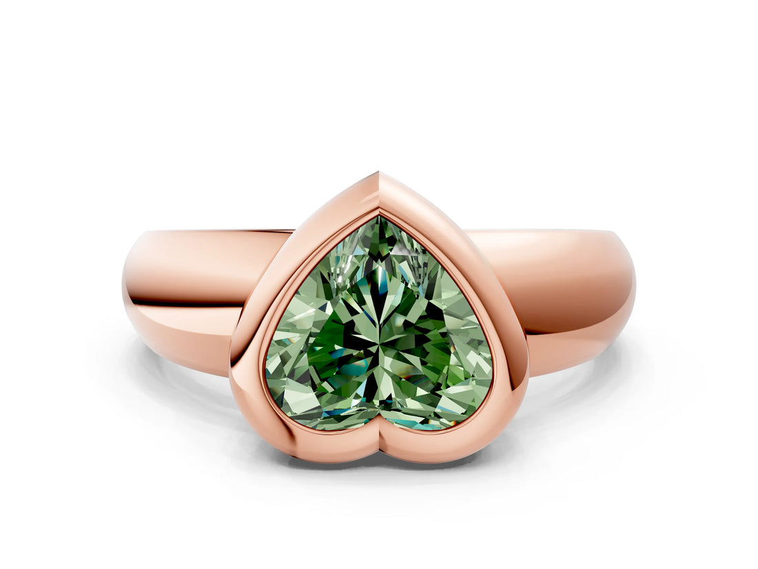 Rose gold Bezel Set Fancy Green Heart  Solitaire Ring with Wide Band