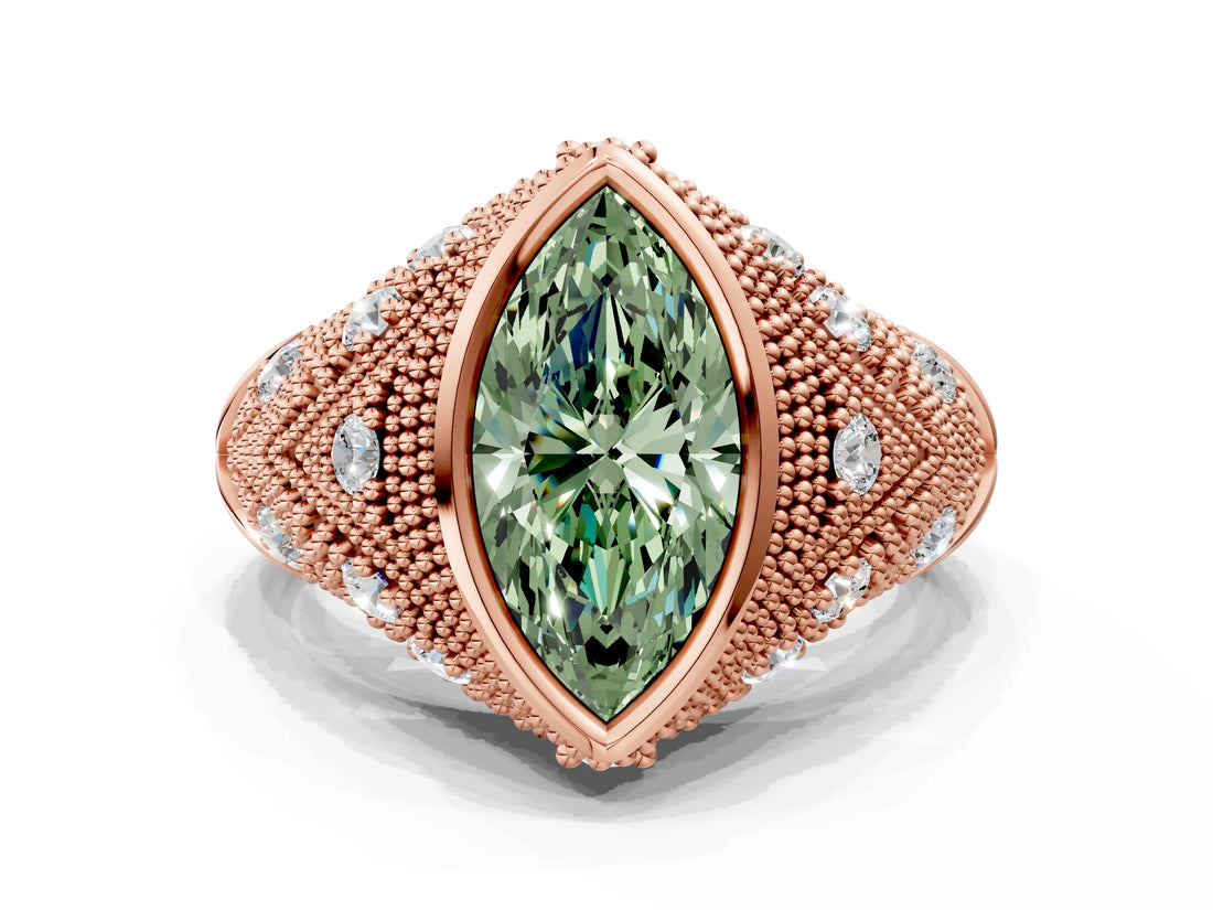 Rose gold Bezel Set Fancy Green Marquise Cut Diamond Milgrain Band Ring