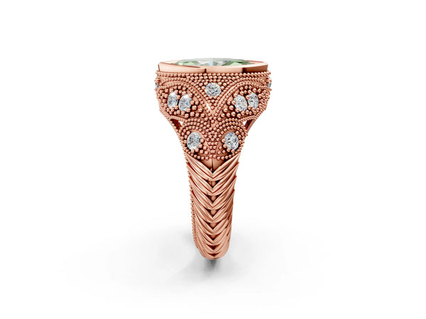 Rose Gold Marquise Vintage Bezel Engagement Ring Setting for Fancy Green Center with Milgrain