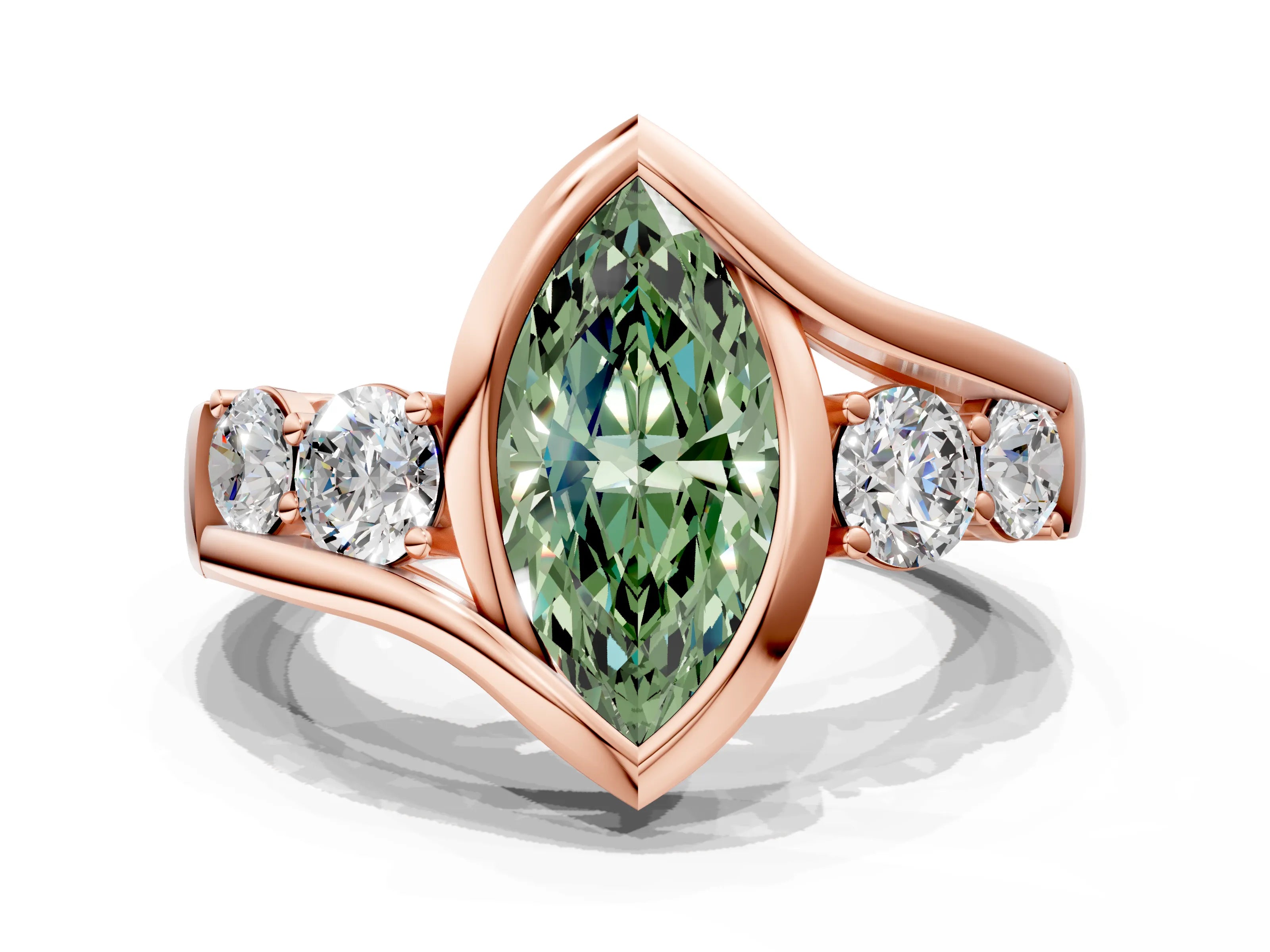 Rose gold Bezel Set Fancy Green Marquise Cut Diamond Split Shank Ring