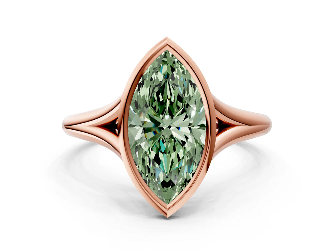 Rose gold Bezel Set Fancy Green Marquise  Cut Solitaire Ring with Tapered Band 2