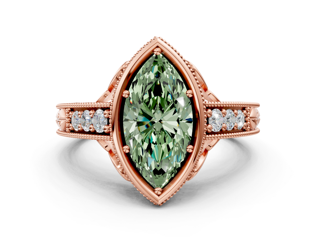 Rose gold Bezel Set Fancy Green Marquise  Diamond Milgrain Pave Engagement Ring_33