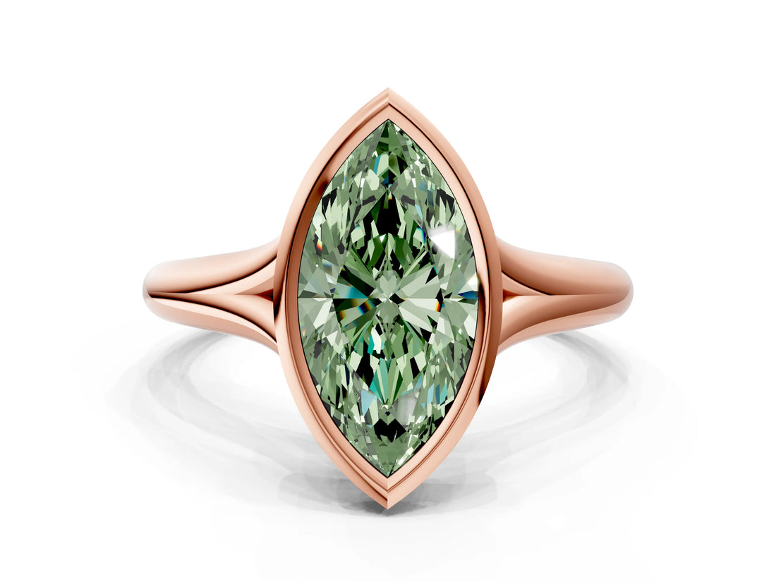 Rose gold Bezel Set Fancy Green Marquise  Solitaire Diamond Ring with Smooth Band 1