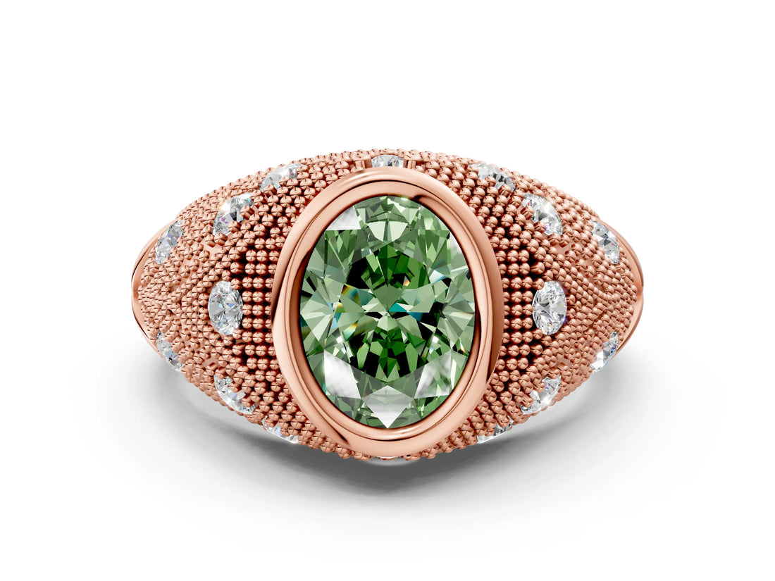 Rose gold Bezel Set Fancy Green Oval Cut Diamond Milgrain Band Ring