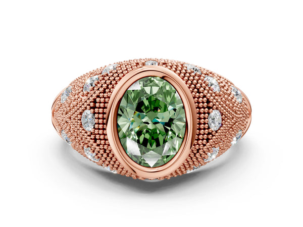 Rose Gold Oval Vintage Bezel Engagement Ring Setting for Fancy Green Center with Milgrain