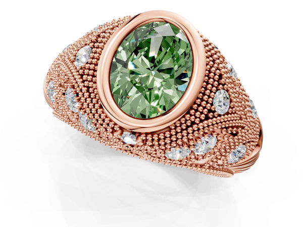 Rose Gold Oval Vintage Bezel Engagement Ring Setting for Fancy Green Center with Milgrain