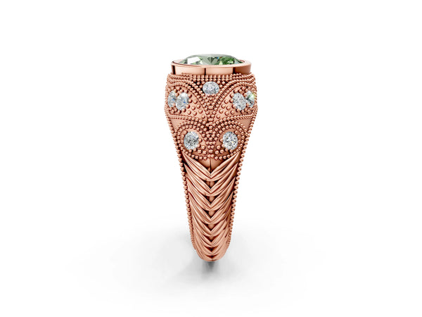 Rose Gold Oval Vintage Bezel Engagement Ring Setting for Fancy Green Center with Milgrain