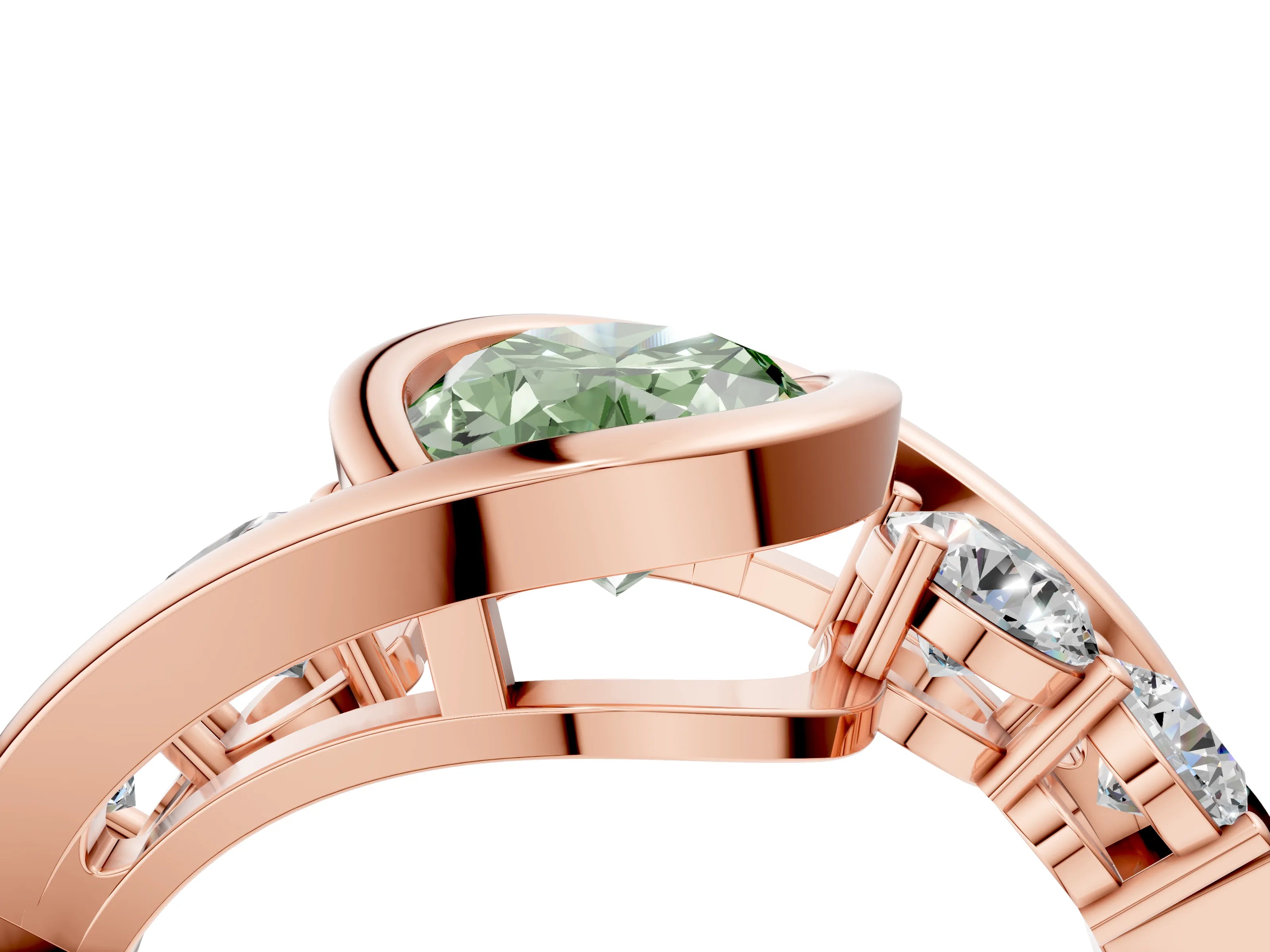 Rose gold Bezel Set Fancy Green Oval Cut Diamond Split Shank Ring_4