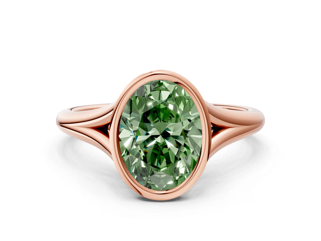 Rose gold Bezel Set Fancy Green Oval  Cut Solitaire Ring with Tapered Band