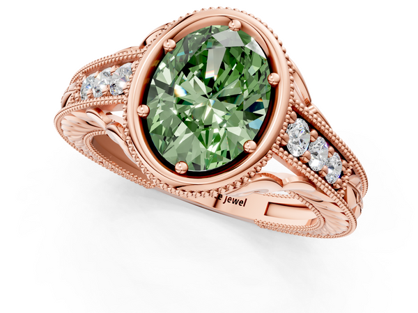 Rose gold Bezel Set Fancy Green Oval  Diamond Milgrain Pave Engagement Ring