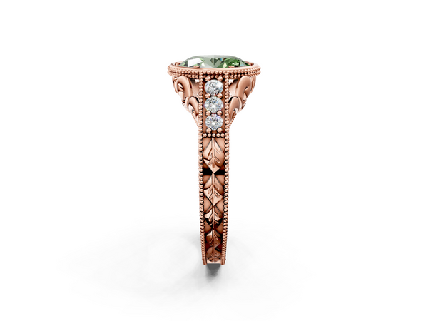 Rose gold Bezel Set Fancy Green Oval  Diamond Milgrain Pave Engagement Ring