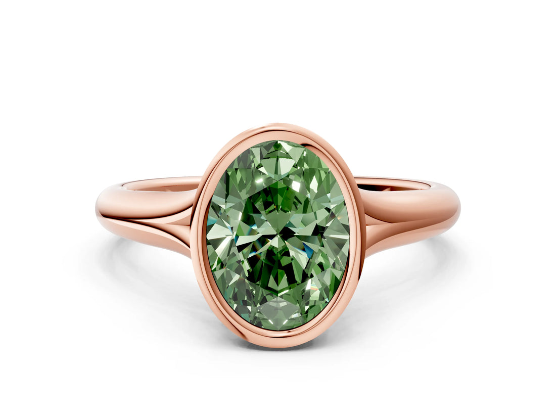 Rose gold Bezel Set Fancy Green Oval  Solitaire Diamond Ring with Smooth Band 1