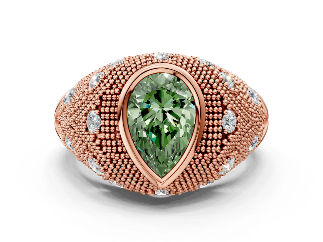 Rose gold Bezel Set Fancy Green Pear Cut Diamond Milgrain Band Ring