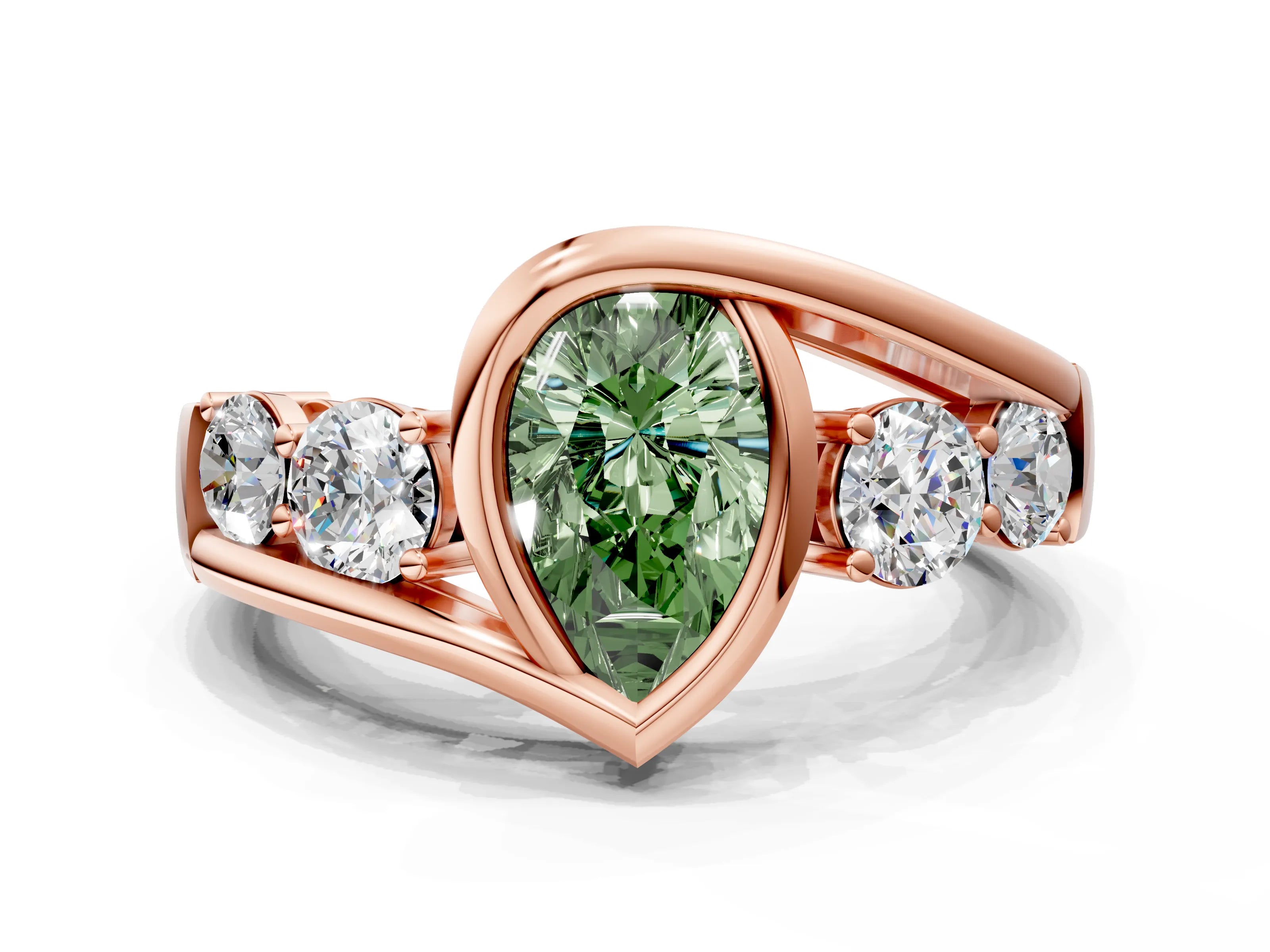 Rose gold Bezel Set Fancy Green Pear Cut Diamond Split Shank Ring