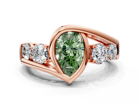 Rose gold Bezel Set Fancy Green Pear Cut Diamond Split Shank Ring