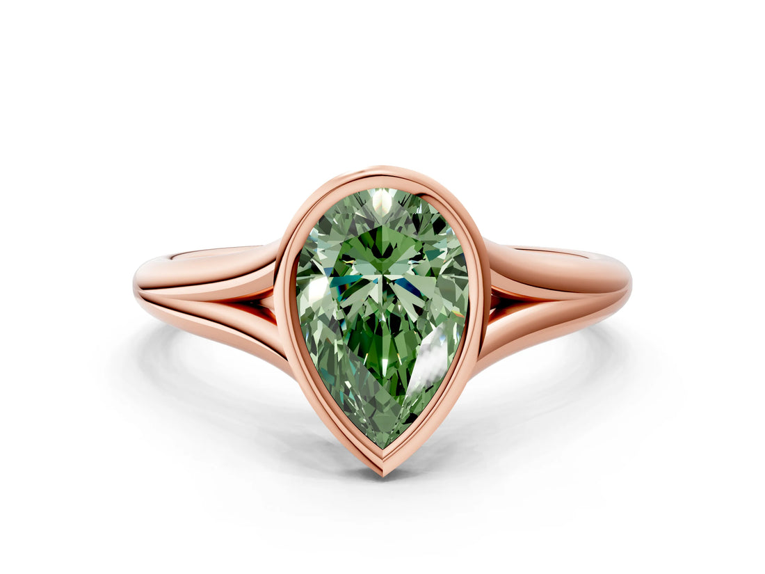 Rose gold Bezel Set Fancy Green Pear  Cut Solitaire Ring with Tapered Band 1