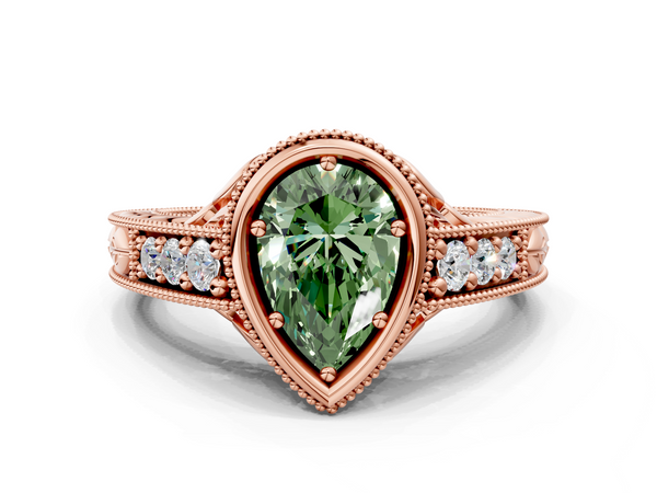 Rose gold Bezel Set Fancy Green Pear  Diamond Milgrain Pave Engagement Ring