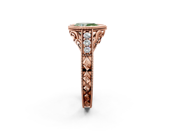 Rose gold Bezel Set Fancy Green Pear  Diamond Milgrain Pave Engagement Ring