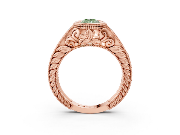 Rose gold Bezel Set Fancy Green Pear  Diamond Milgrain Pave Engagement Ring