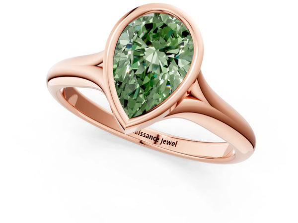 Rose gold Bezel Set Fancy Green Pear  Solitaire Diamond Ring with Smooth Band