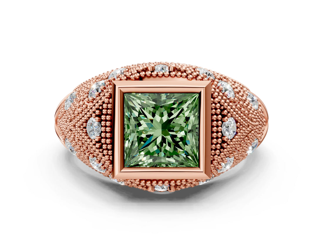 Rose gold Bezel Set Fancy Green Princess Cut Diamond Milgrain Band Ring