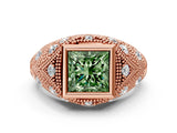 Rose gold Bezel Set Fancy Green Princess Cut Diamond Milgrain Band Ring