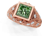 Rose gold Bezel Set Fancy Green Princess Cut Diamond Milgrain Band Ring_1