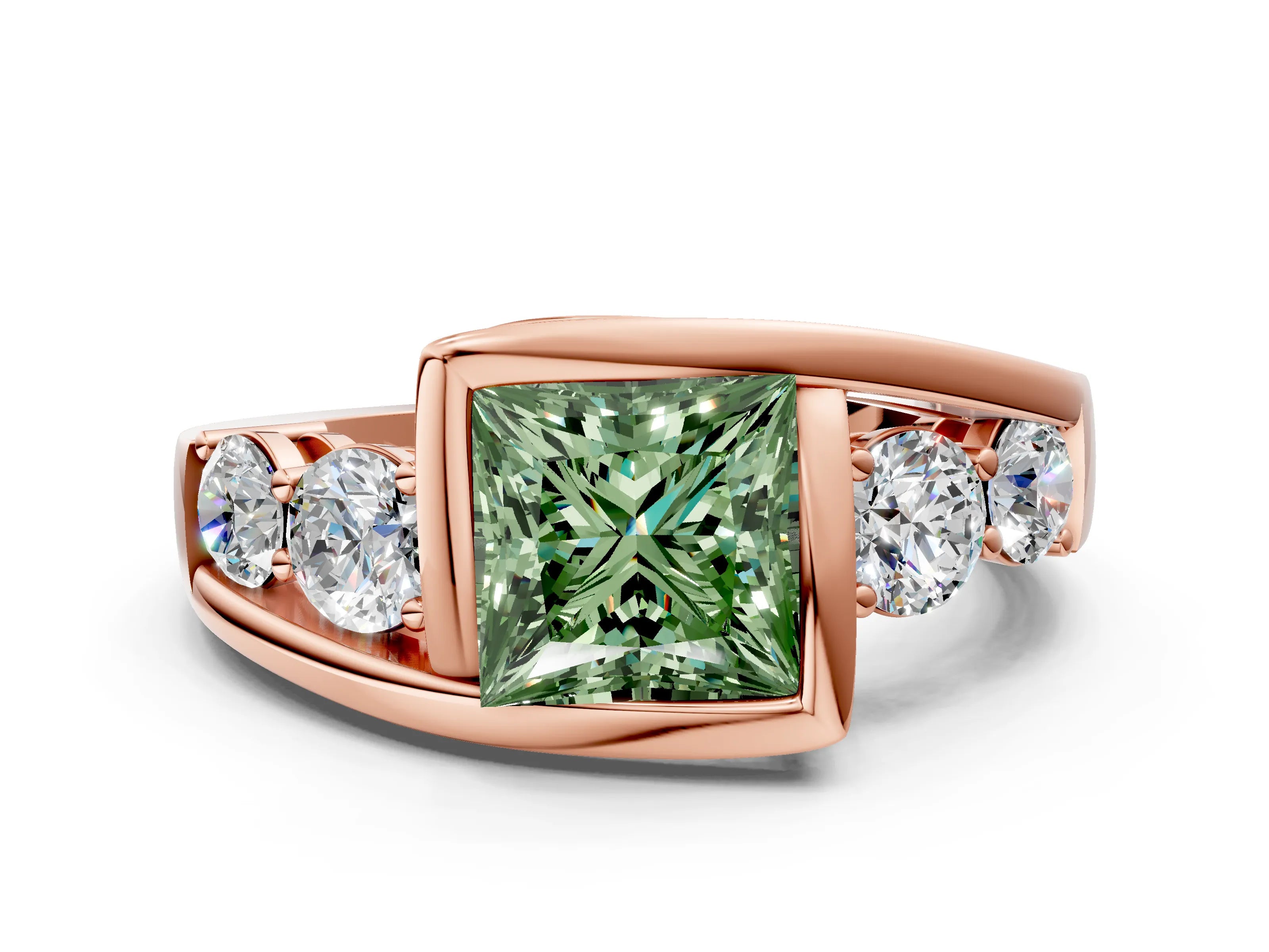 Rose gold Bezel Set Fancy Green Princess Cut Diamond Split Shank Ring