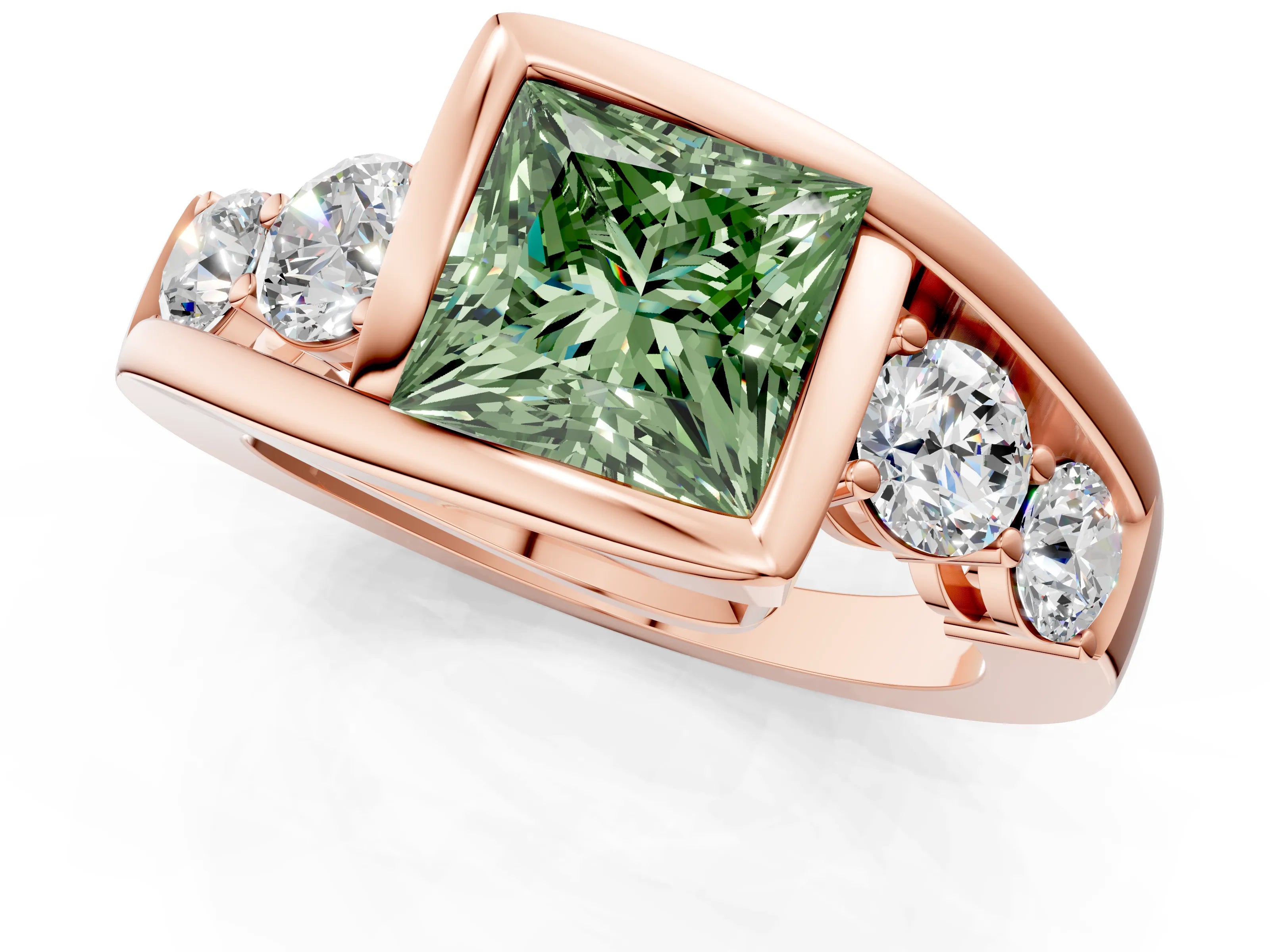 Rose gold Bezel Set Fancy Green Princess Cut Diamond Split Shank Ring_1