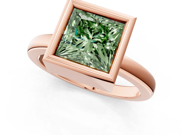 Rose gold Bezel Set Fancy Green Princess Cut Solitaire Engagement Ring with Classic Band