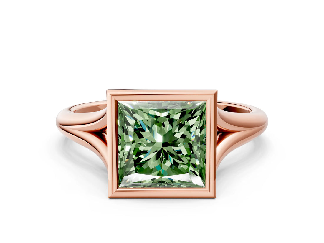 Rose gold Bezel Set Fancy Green Princess  Cut Solitaire Ring with Tapered Band 1
