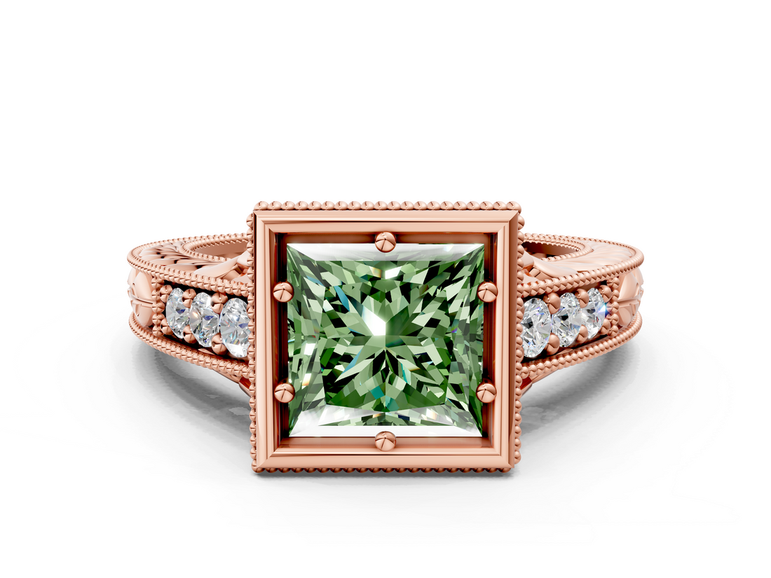 Rose gold Bezel Set Fancy Green Princess  Diamond Milgrain Pave Engagement Ring